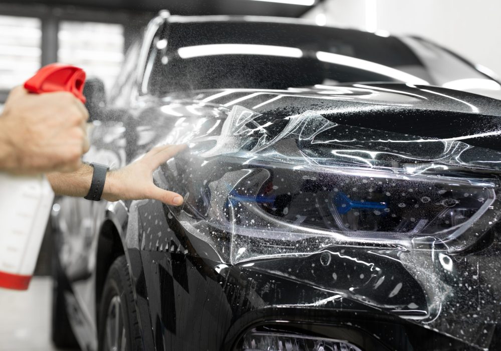 Worker applies a protective film or anti-gravity protective coating to the car headlight. Details of the car